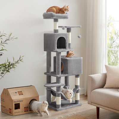 Tour pour chat de 61 pouces pour chats d'intérieur, maisonnette pelucheuse à 5 niveaux avec 5 poteaux à griffer