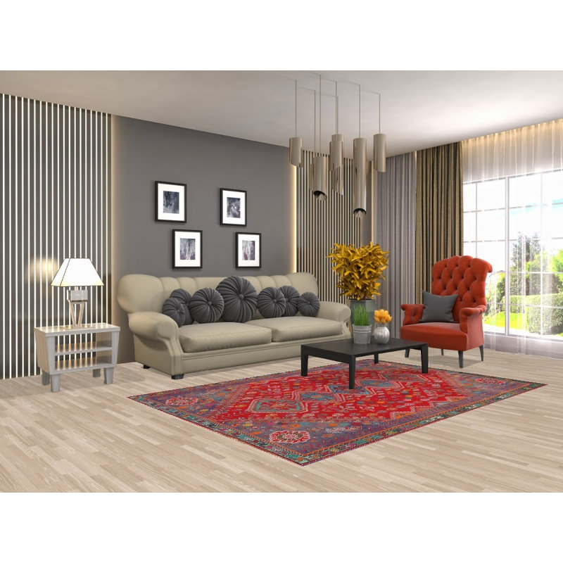 Tapis traditionnel rouge en laine à motif géométrique 5 x 8