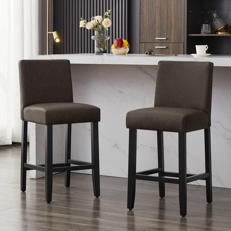 Tabouret de bar et de comptoir rembourré avec structure en bois massif, Brun / similicuir, 2