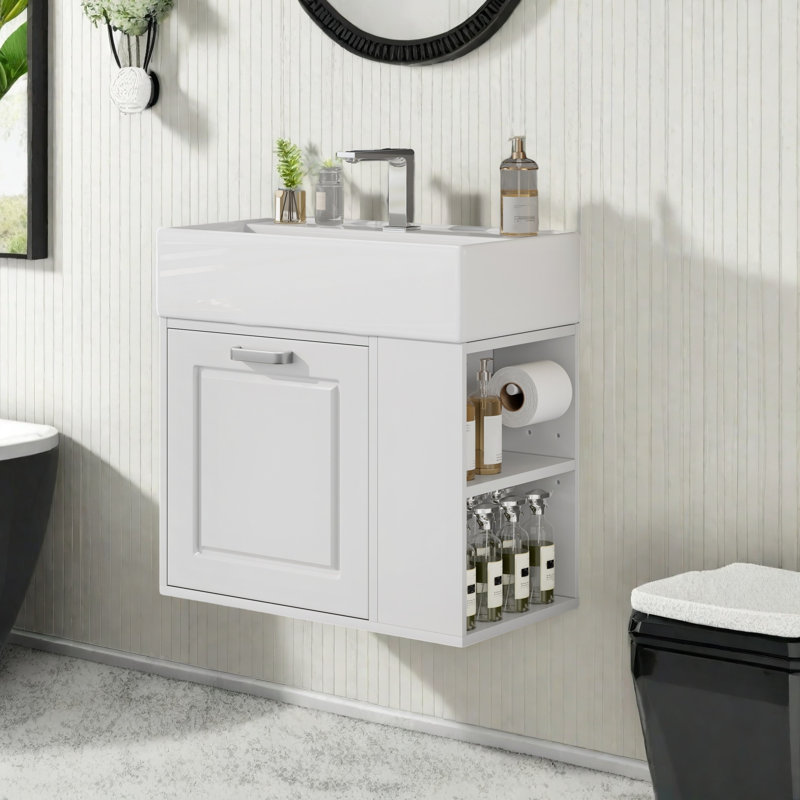 Meuble-lavabo mural avec lavabo et rangement en céramique, Blanc