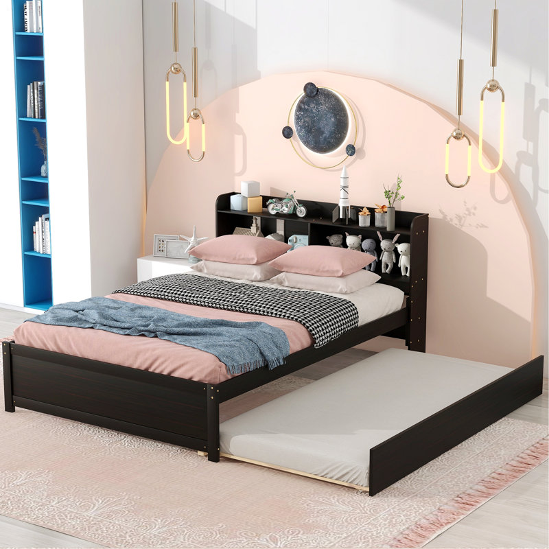 Platform Bed With Trundle And Bookcase Headboard, Espresso