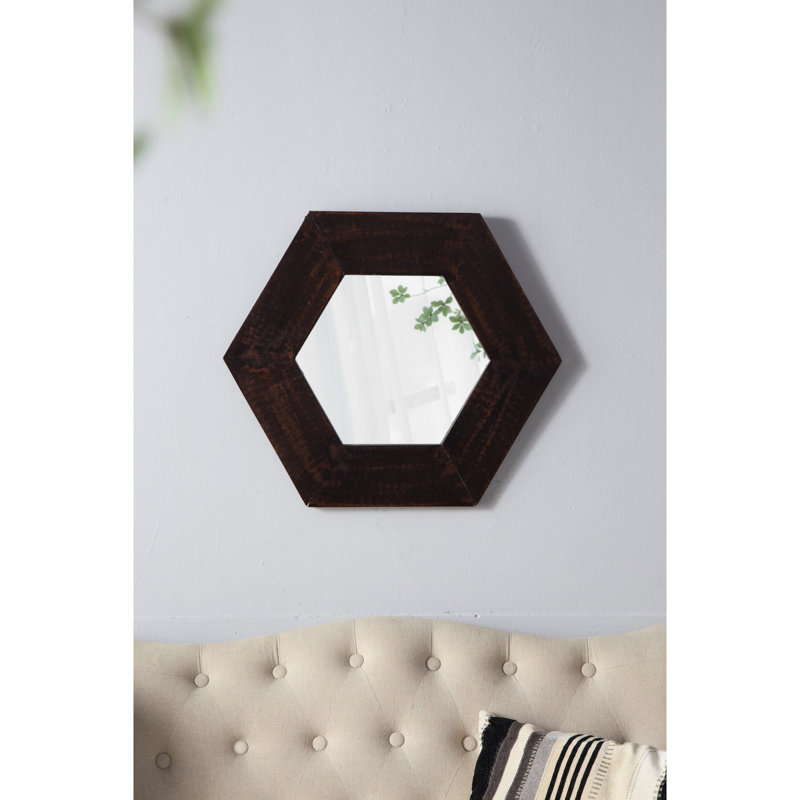 Miroir hexagonal 18,5 po x 18,5 po avec cadre en bois massif robuste, élément décoratif de maison, fabrication ferme brun foncé, couloir de salle de bain, 18,5 po x 18,5 po