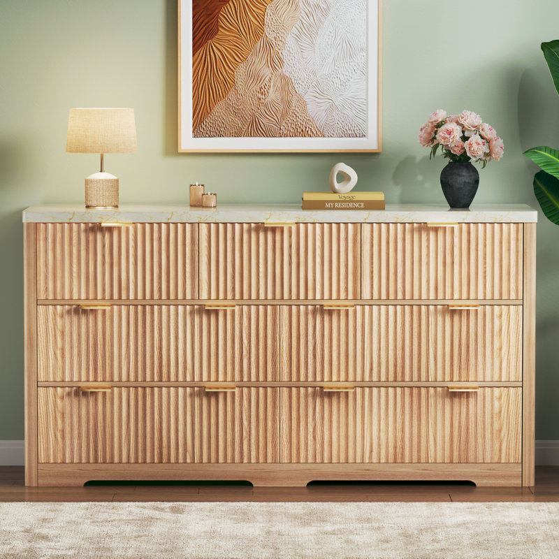 Commode 7 tiroirs cannelée, grande commode en bois