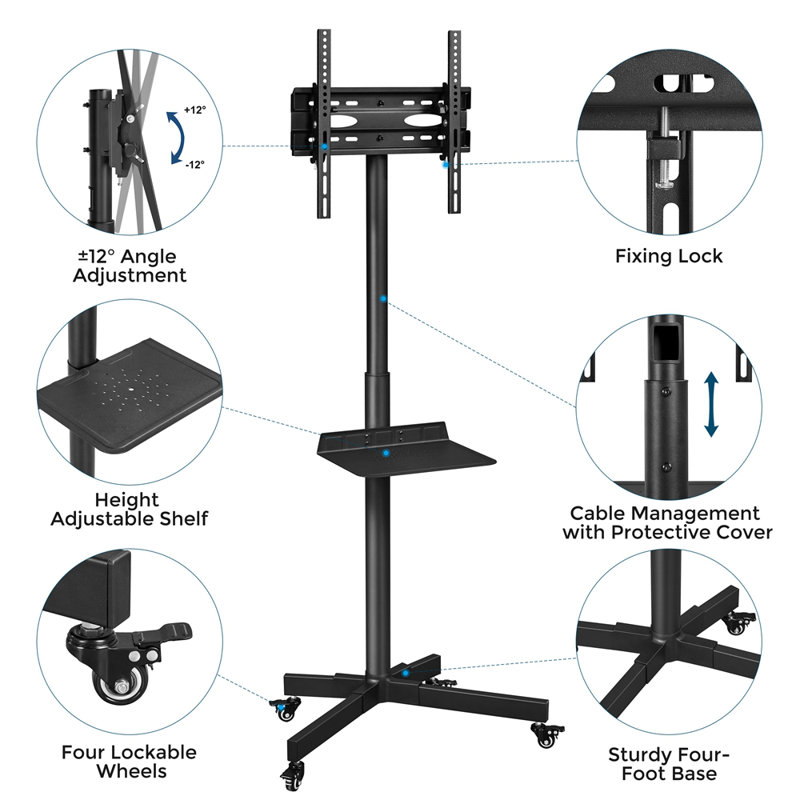 Rolling TV Stand Adjustable TV Trolley with Bracket and Tray for 23in-60in Plasma LCD LED Screen