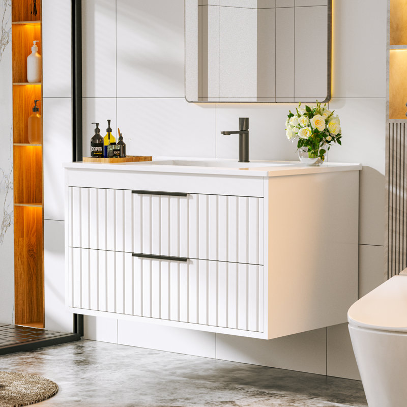30" Floating Wall Mount Single Bathroom Vanity with Ceramic Sink Top, White/Black