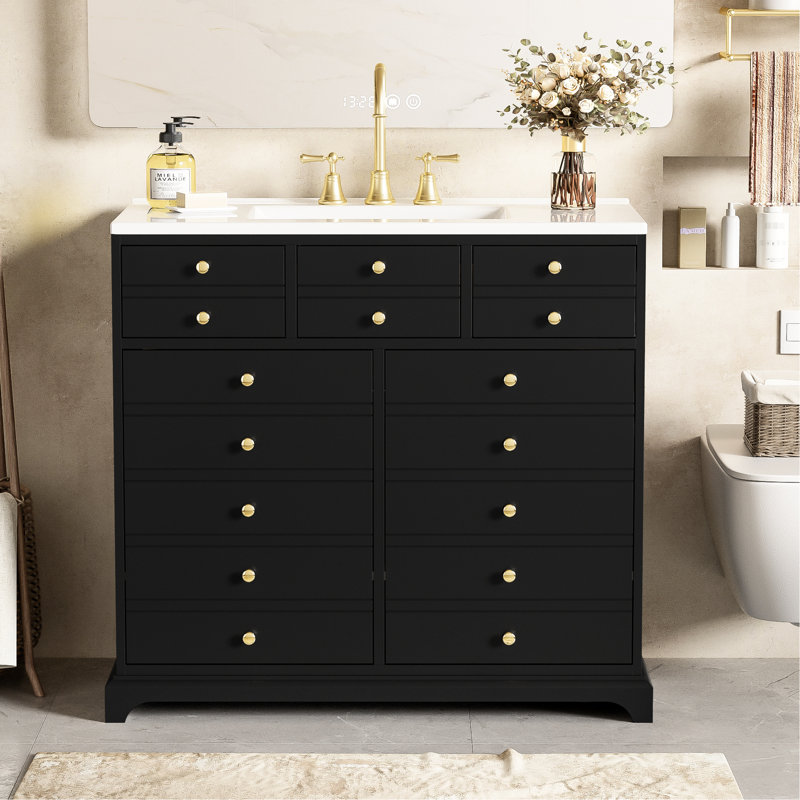 Armoire de rangement de salle de bain 36 po avec lavabo en céramique - bois massif, 2 tiroirs