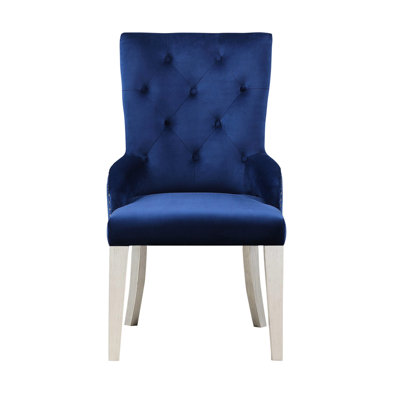 Luxury Blue Fabric Arm Chair With Button - Back And Padded Seat Apron For Modern Dining Antique Platinum Finish Legs