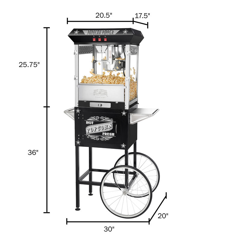 Machine à maïs soufflé avec chariot Paducah - 3 gallons de maïs soufflé - bouilloire 8 oz, tiroir Old Maids, plateau chauffant et pelle par Great Northern Popcorn (noir)