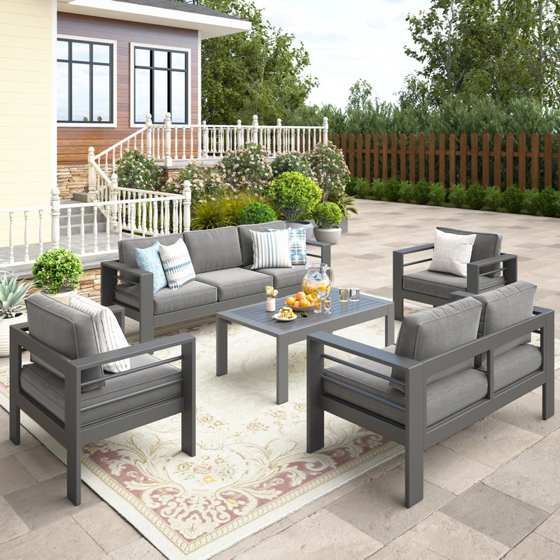 5-Piece Outdoor Patio Furniture Set With Upgraded Cushions, Gray Frame/Gray Cushion
