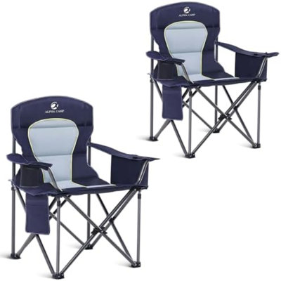 Chaises de camping surdimensionnées entièrement rembourrées avec support lombaire | Armoire en acier robuste de 500 lb, robuste, durable, sac isotherme, tissu Oxford 600D, porte-gobelet, sac de transport, poche, facile à installer
