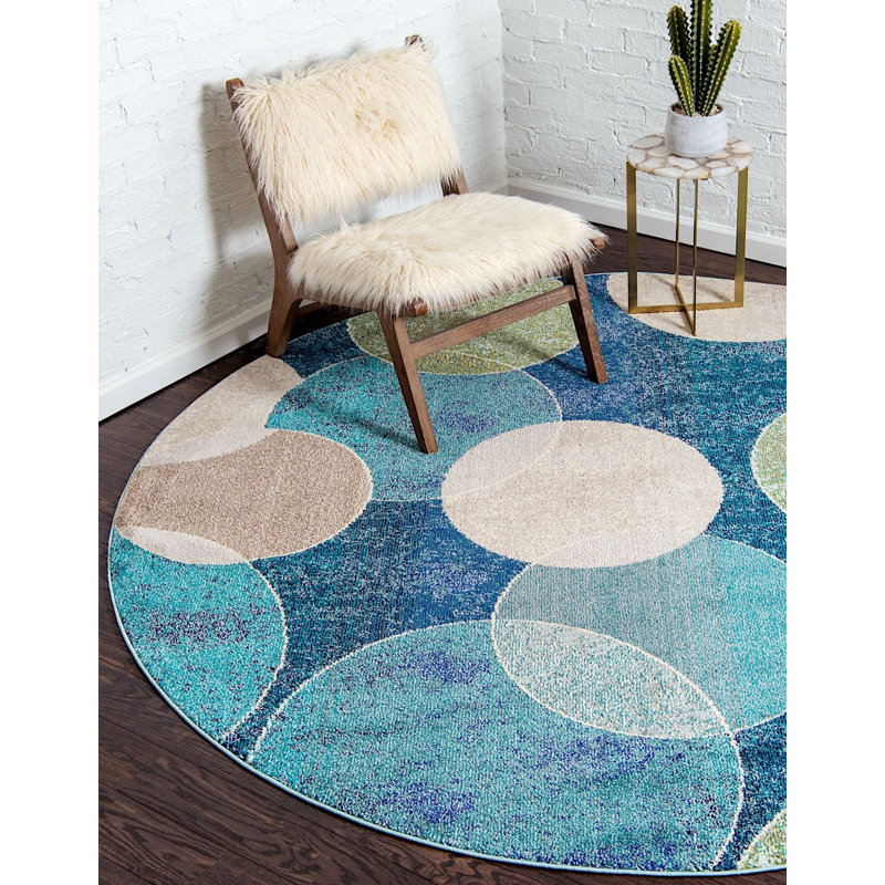 Tapis bleu marine / beige / vert à pois Dews, Rond 8 pi
