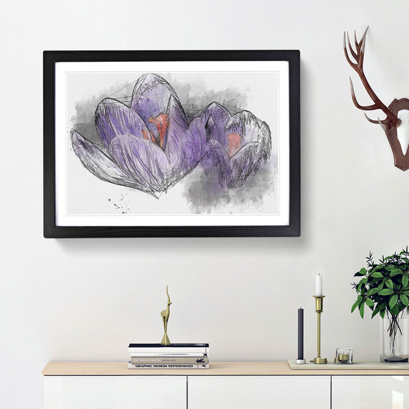 Purple Crocus Flower Sketch - Picture Frame Graphic Art Print, 36cm H x 48cm W x 2cm D, Black Framed