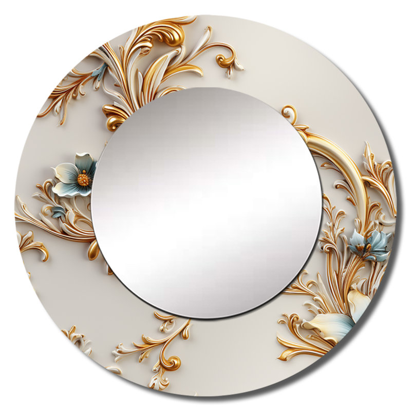 Rhodney Vintage Ornamental Corners Victorian Pattern - damask  Mirror, Gold Round Decorative Wall Mirror, Printed Metal Art