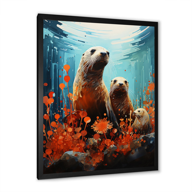 Bleu sarcelle, animaux marins, mer curieuse - impression, H 20 po x l 12 po x P 1 po, Cadre photo noir