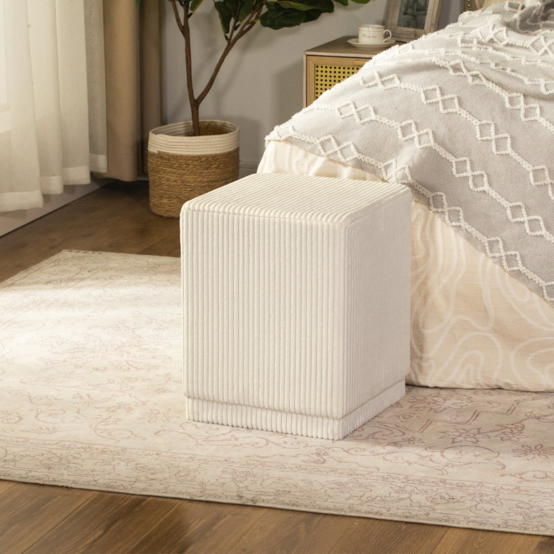 14" Square Ottoman Footrest For Living Room With Channel-Tufted, Beige