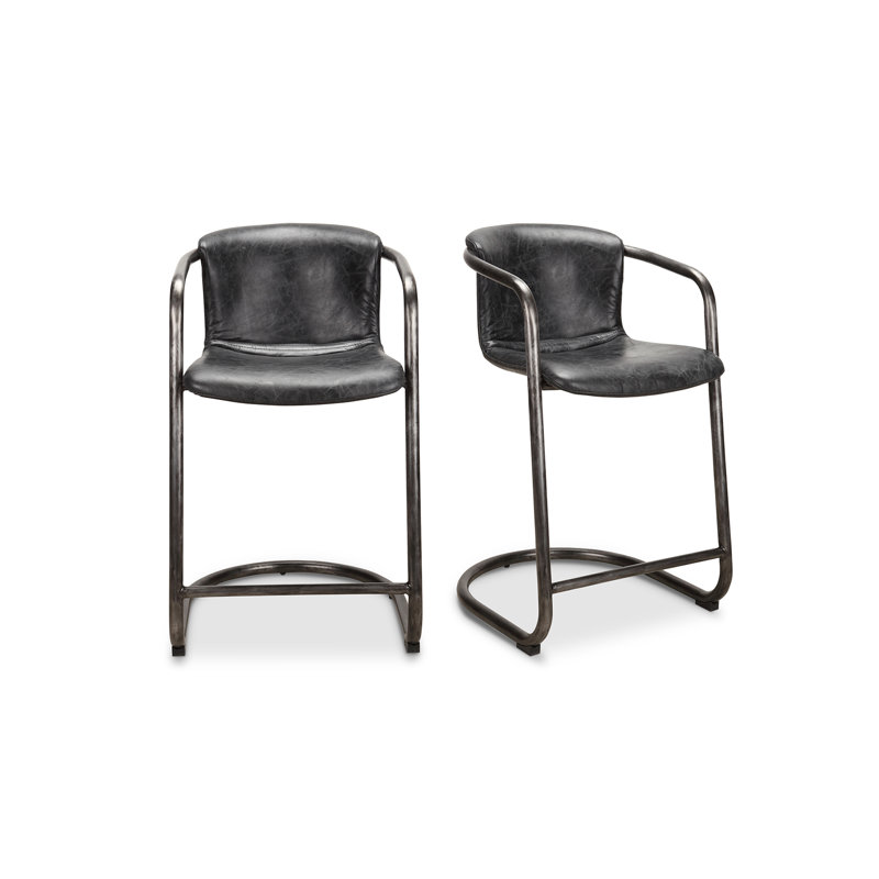 Freeman Bar Stool, Counter Stool (25" Seat Height), Black Genuine Leather
