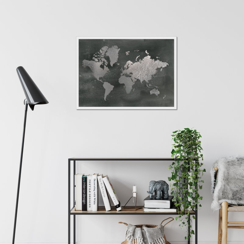 Large Silver World Map On Black Wash by Jennifer Goldberger - Painting, 55cm H x 80cm W, White Framed Paper Print