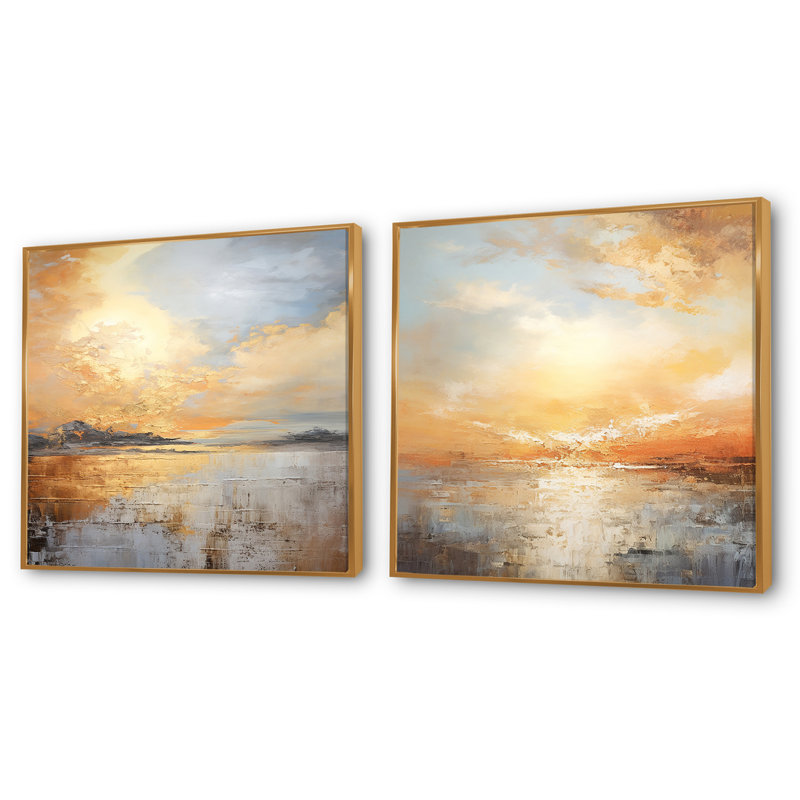 Pohl - Ensemble de 2 collages carrés côtiers Sunset, H 16 po x l 33 po, Cadre flottant doré