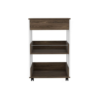 Modern Kitchen Cart 35" H, Four Casters, Three Shelves, White / Dark Walnut