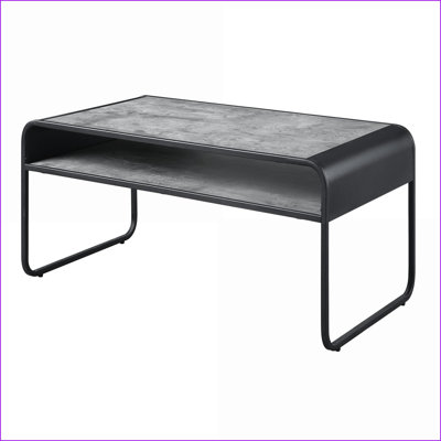 Gris béton Table basse industrielle noire avec rangement inférieur, structure en métal stable pour le salon