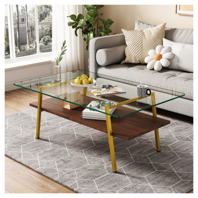 Table basse rectangulaire moderne avec plateau en verre trempé et tablette inférieure en panneau de fibres à densité moyenne blanc, table de salon contemporaine avec pieds en métal
