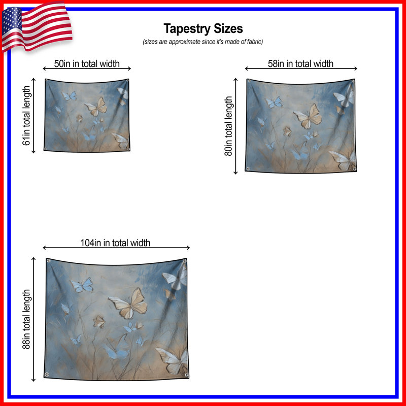 Tapisserie murale «Blue Brown Butterflies» - Décoration murale papillons, 104in H x88 with 4 Grommets