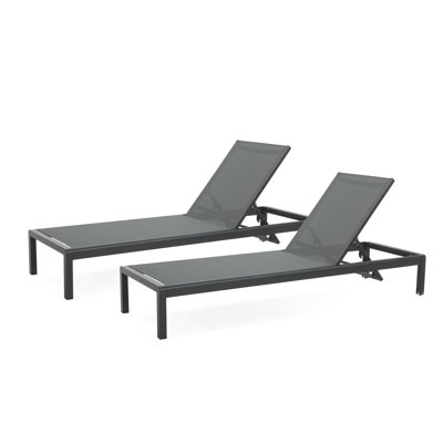 2 Outdoor Reclining Lounge - Mesh, Strong Aluminum Frame, Adjustable Chaise  2  Mesh & Aluminum, Portable With Wheels, Black + Gray Color