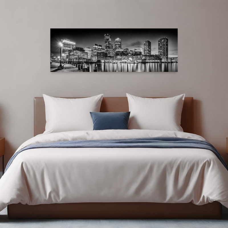 «Boston Night Skyline», art contemporain abstrait, art mural de la ville, H 16 po x l 48 po