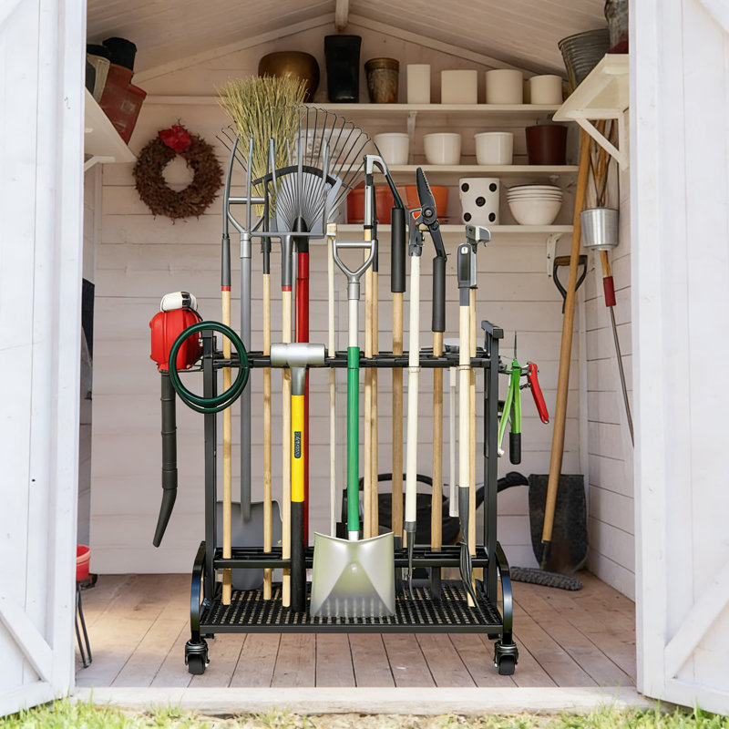 Heavy-Duty Rolling Garden Tool Organizer With Lockable Wheels, Large Capacity Garage Tool Rack With Hooks For Broom, Shovel, Long-Handled Tools, Metal Yard Storage Cart For Garage, Shed, Outdoor