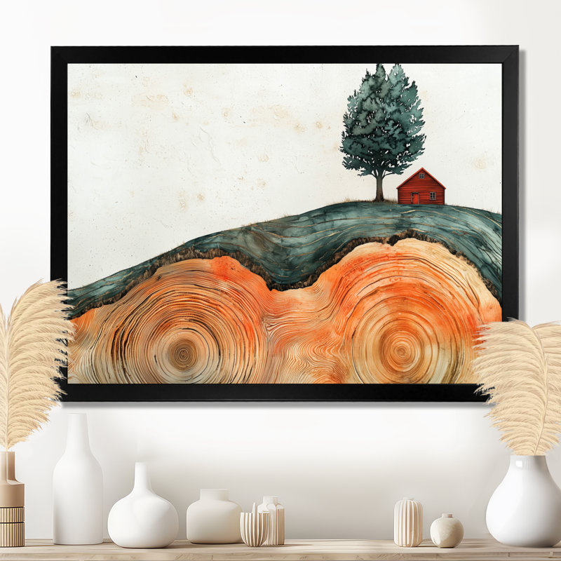 Grange rouge audacieuse dans un paysage de ferme en automne II - art mural de grange, H 12 po x l 20 po, Avec cadre, Noir
