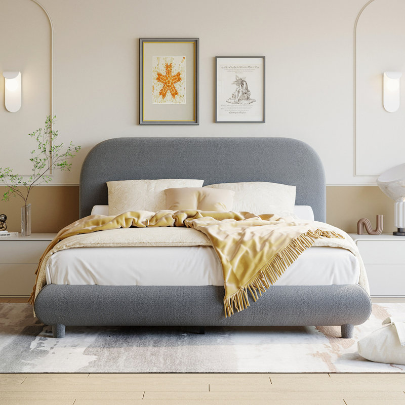 Lit plateforme en tissu d'ameublement Teddy, Gris, Lit double