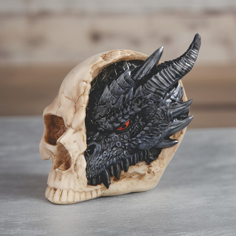 Figurine crâne de dragon noir et brun, H 6,5 po x l 6,25 po x P 6,25 po