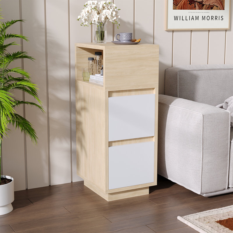 Modern White Wood 2-Drawer Nightstand with Open Shelf – Bedroom Storage Cabinet