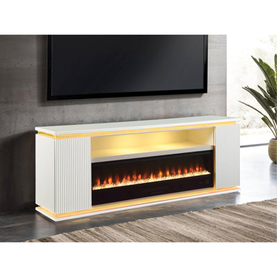 Meuble télé contemporain à finition blanche avec foyer électrique, luminosité à 3 niveaux, contrôle de la température, pouvant supporter jusqu'à 65 téléviseurs, fabriqué en bois d'ingénierie, en pin, en verre et en métal, avec pieds