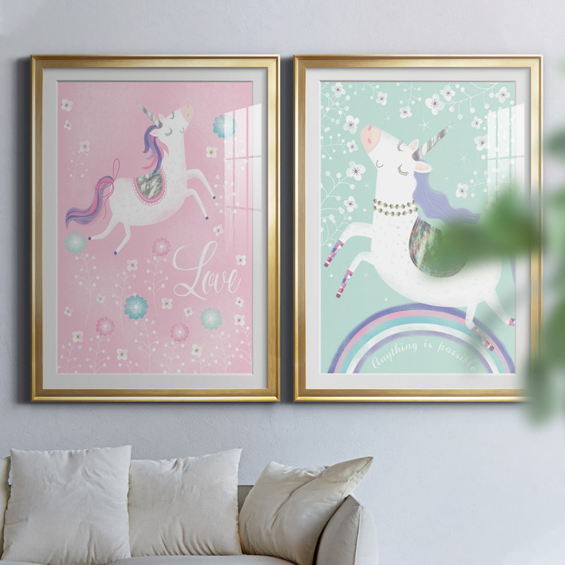 «Love Unicorn», ensemble de 2 impressions, H 26,5 po x l 73 po x P 1,5 po, Papier encadré doré, Blanc