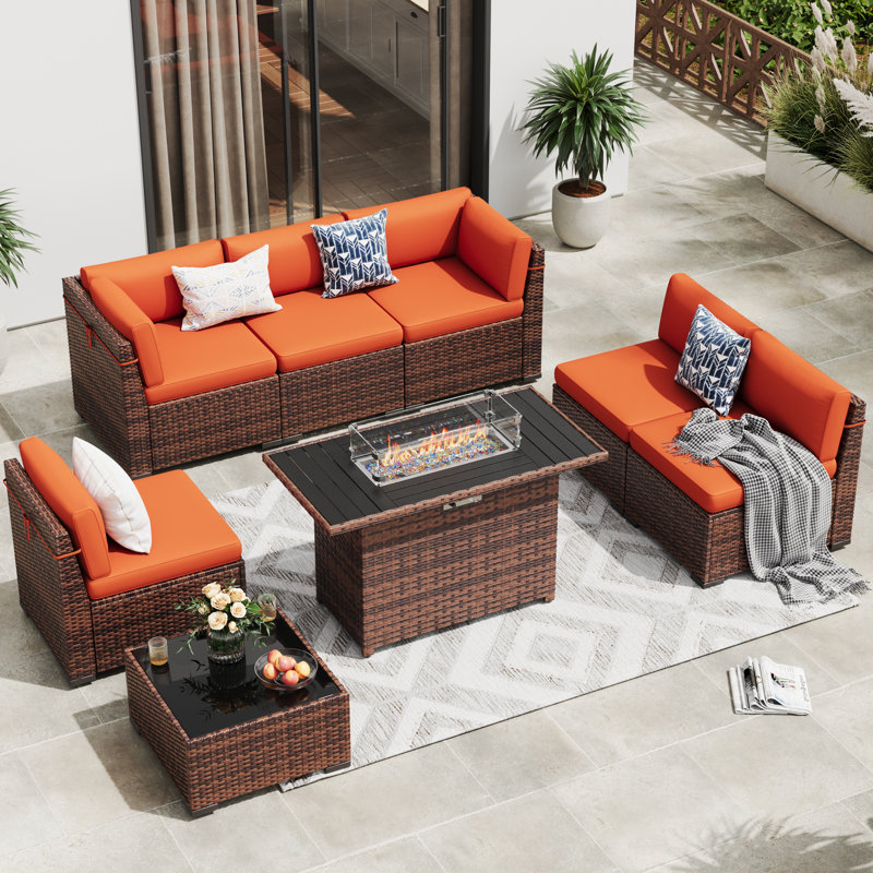 Ensemble de conversation d'extérieur pour 6 personnes avec coussins Cawanna, Oui, Orange