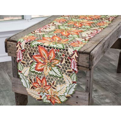 Jolliff Embroidered Cutwork Colorful Fall Maple Leaf Table Runner