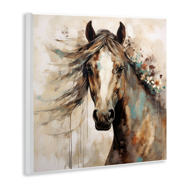 Cheval brun avec imprimé floral, H 12 po x l 12 po x P 0,5 po