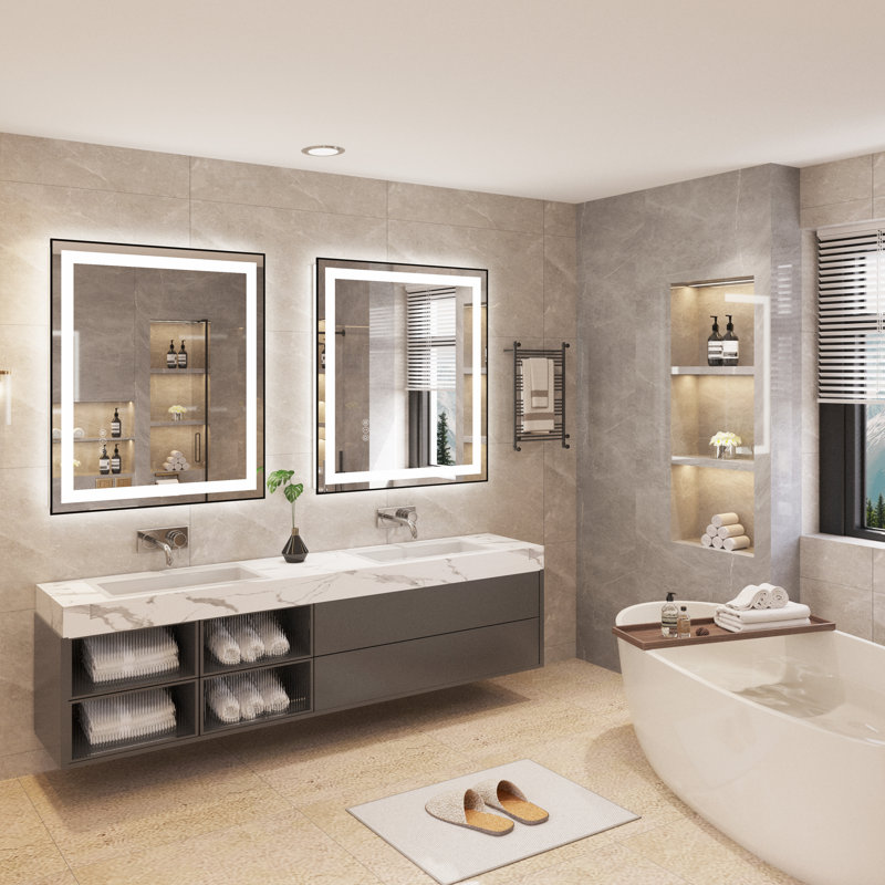Miroir de salle de bain / meuble-lavabo en verre trempé avec DEL, 32 po x 36 po