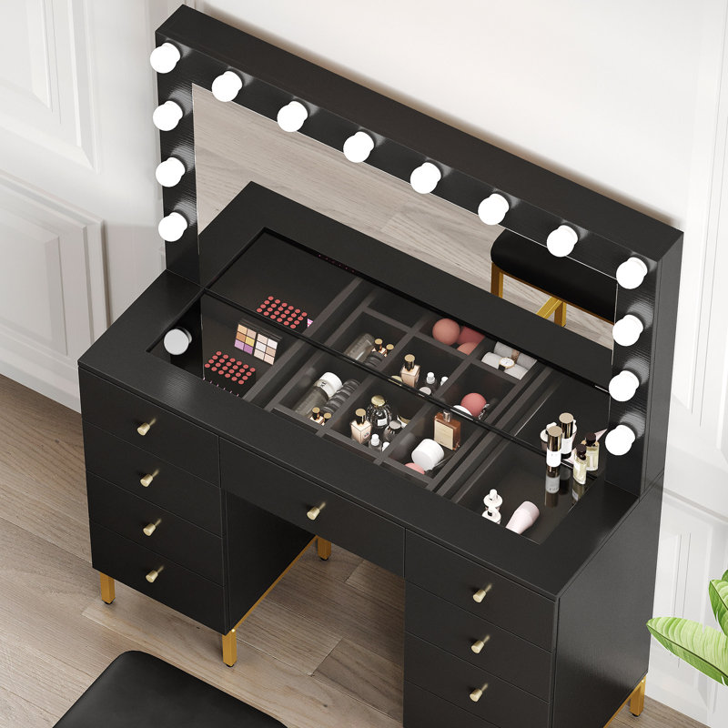 Ensemble de meuble-lavabo Haymarket avec miroir 3 lumières réglable et prise de courant, plateau en verre, 9 tiroirs, banc