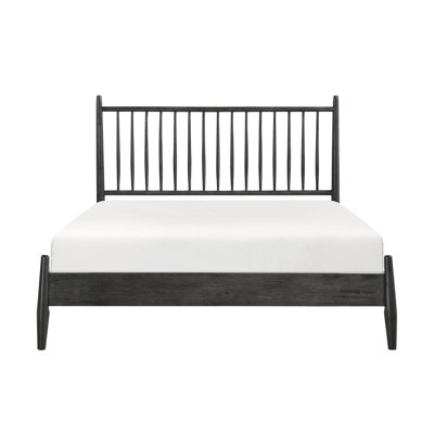 Gray Wooden Queen Bed With Mid-Century Modern Flair, Slatted Headboard, No Box Spring For Bedroom Fascination Bed, Slat Required, Enhance Your