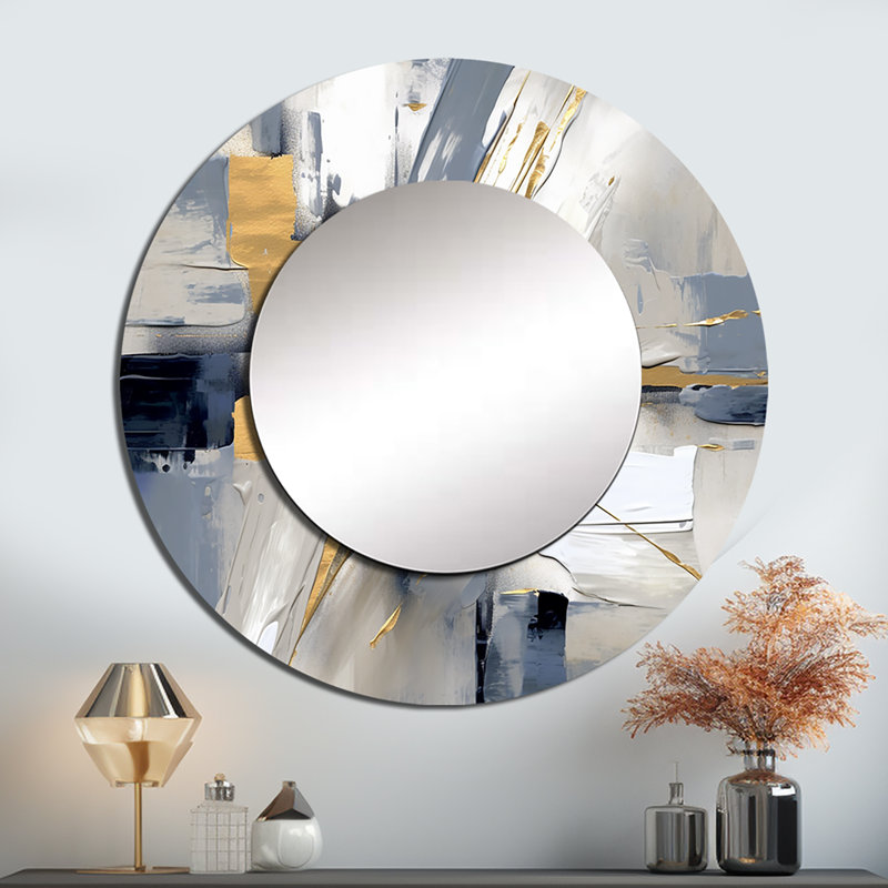 Kaceon Grey and Gold Transcendent Impressions I - miroir de formes abstraites, miroir mural rond gris, impression sur métal