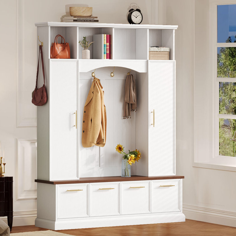 Arbre d'entrée 59 po de style campagnard avec garde-robe et armoire à chaussures pour le salon, Blanc