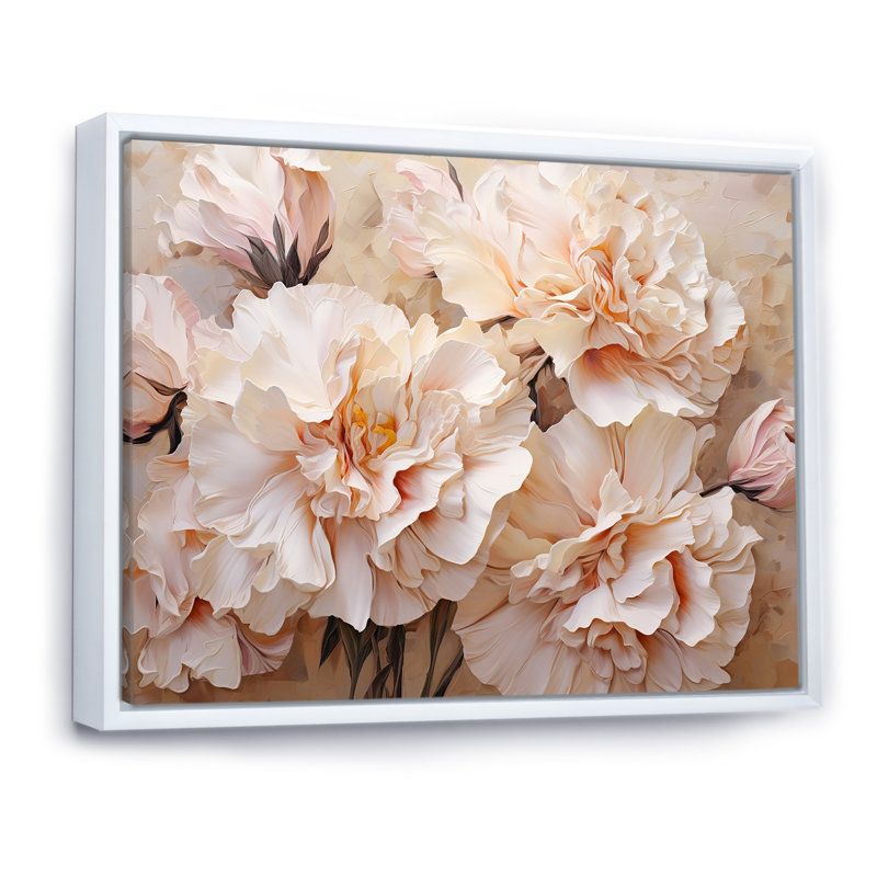 Arrangement d'œillets beige I sur toile, Cadre flottant blanc, H 34 po x l 44 po x P 1,5 po