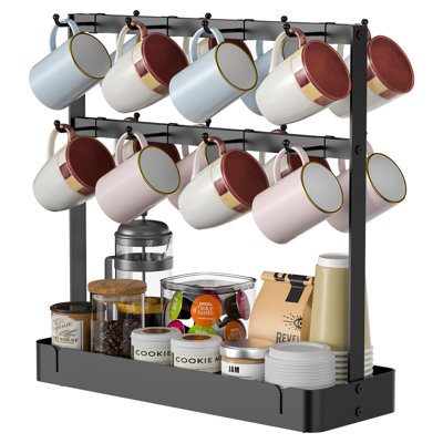 Countertop Coffee Cup Holder, Aluminum Alloy Mug Holder Organizer With 16 Movable Hooks, 2 Tier Mug Tree Stand Rack With Storage Basket For K Cup Coff