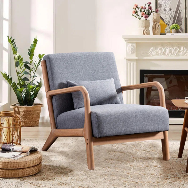 Hertford 26" Wide Mid Century Upholstered Solid Wood Accent Chair with an Extra Pillow, Grey 