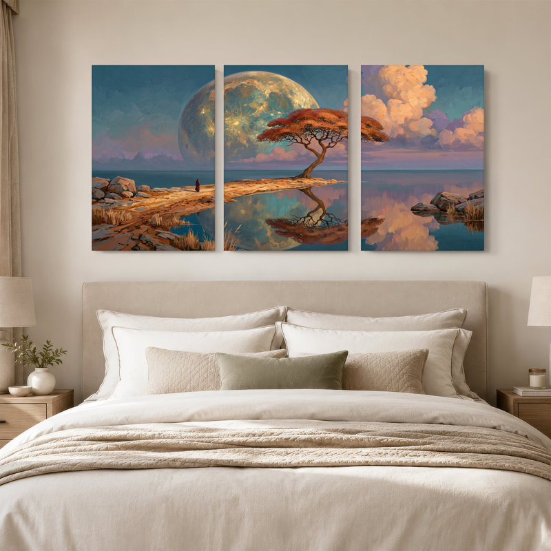 Ensemble de 3 toiles oranges et lune géante reflétée dans l'eau calme, H 18 po x l 12 po x 3 pièces