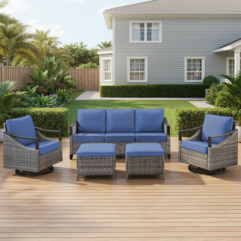 Ensemble de canapé d'extérieur en rotin 5 pièces avec repose-pieds et chaises pivotantes, Bleu