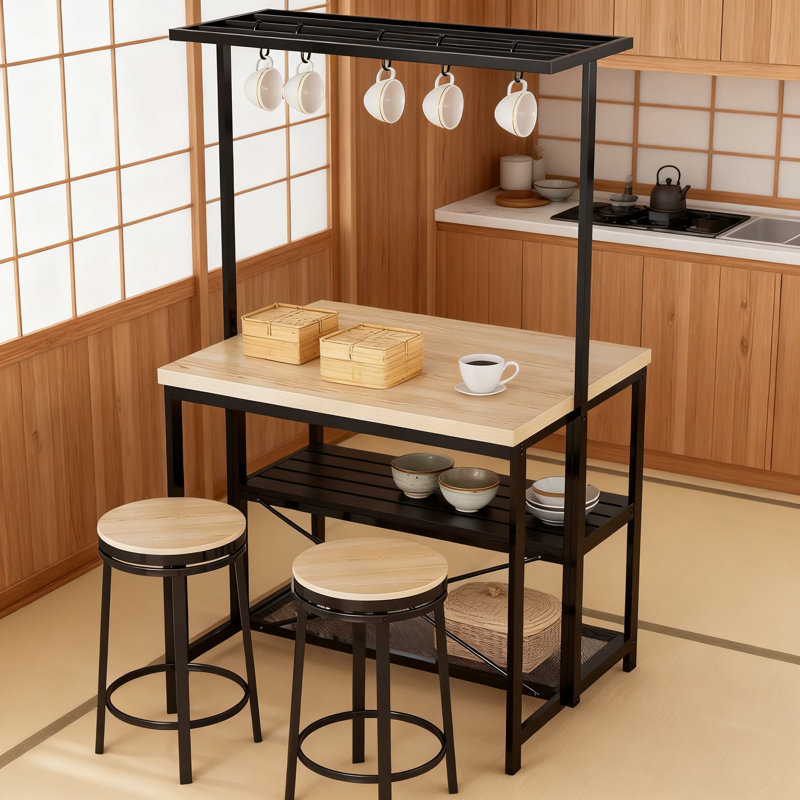 Îlot de cuisine avec support pour micro-ondes, étagère de rangement à 3 niveaux et 5 crochets, support de boulanger en métal et en bois polyvalent pour la salle à manger et le salon