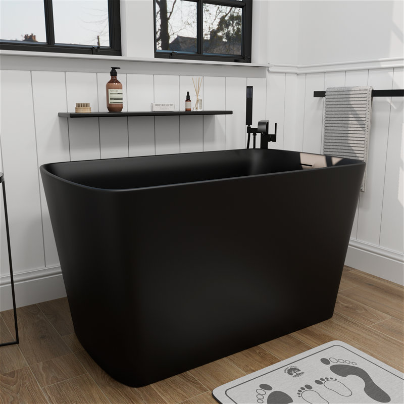 47'' x 27'' Freestanding Solid Surface Soaking Bathtub with Interior Seat for Small Space Room with Pop-up Drain And Overflow